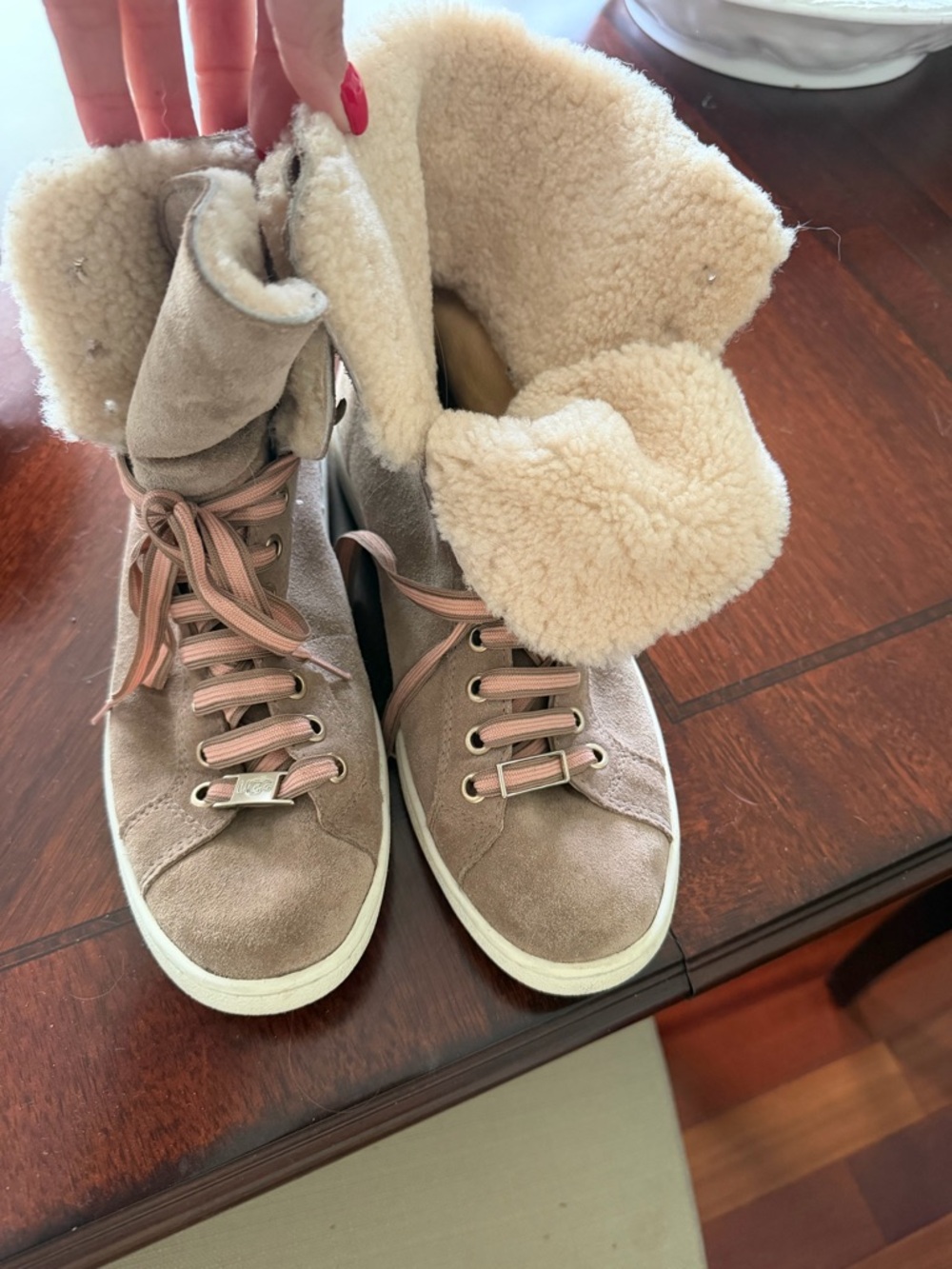 UGG Taupe Suede Lace-Up Shearling Collar Boots